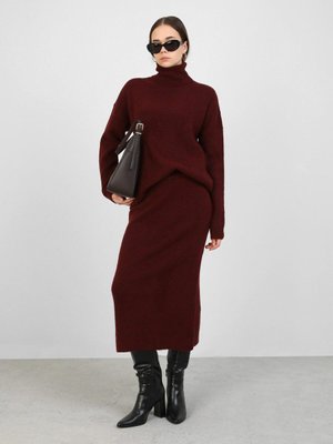 Boğazlı Yaka Tunik & Etek İkili Triko Takım Bordo