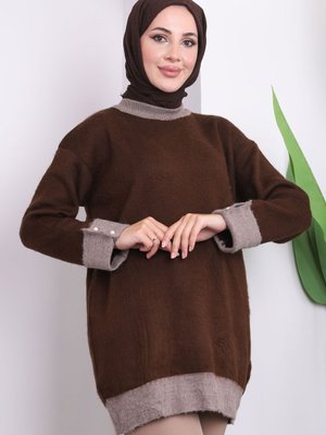 Kahverengi Kol Düğmeli Triko Tunik Kahverengi Kol Düğmeli Triko Tunik