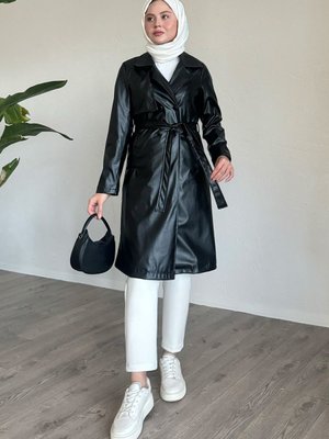 Kemerli Dar Kalıp Deri Trenç Siyah