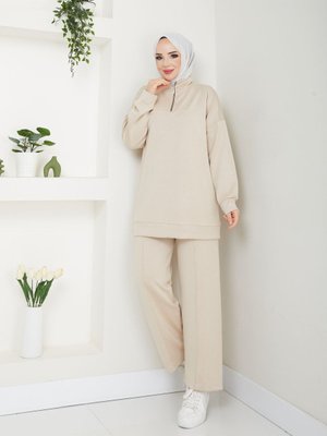 Bej Fermuarlı Büyük Beden Eşofman Oyhso Takımı