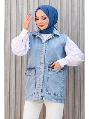 Açık Mavi Aliv Taşlı Kot Yelek