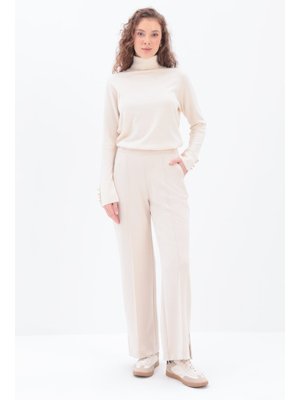 Açık Bej Nervürlü Bol Paça Örme Pantolon