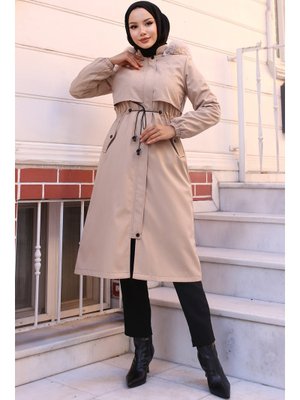 Krem İçi Peluşlu Yakası Kürklü Bondit Mont