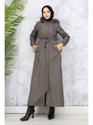 Antrasit İçi Peluşlu Yakası Kürklü Uzun Bondit Mont