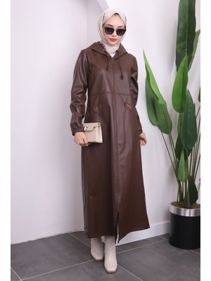 Kahverengi Kapüşonlu Cepli Deri Kap Kahverengi Kapüşonlu Cepli Deri Kap