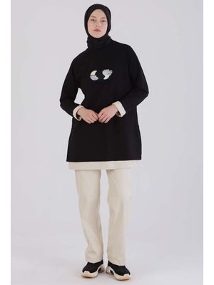 Siyah Deri Garnili Nakışlı Tunik