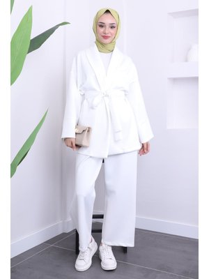 Beyaz Bel Kuşaklı Scuba Ceket Pantolon Takım