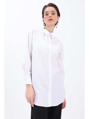 Beyaz Manşeti Taşlı Sivri Yakalı Gömlek Tunik