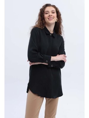 Siyah Gizli Patlı Metal Düğmeli Gömlek Tunik