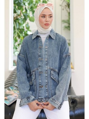 Koyu Mavi Viray Taşlı Kot Ceket