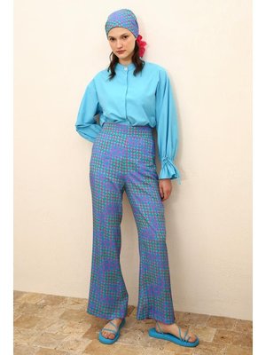 İspanyol Paça Beli Lastikli Desenli Viskon Pantolon Fuşya Turkuaz