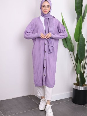 Lila Düğmeli Uzun Triko Merserize Hırka Lila Düğmeli Uzun Triko Merserize Hırka