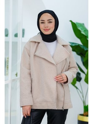 Krem Yan Fermuar Detay Ceket Krem Yan Fermuar Detay Ceket