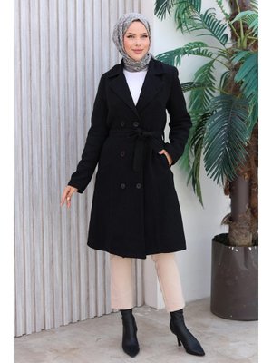 Siyah Düğme Detaylı Kaşe Kaban