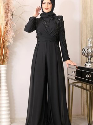 Boncuk İşlemeli Önü Piliseli Abiye Elbise Uzun Şifon Tulum Siyah