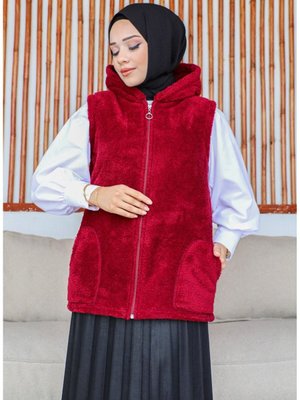 Polar Peluş Bordo Kapüşonlu Kışlık Yelek Polar Peluş Bordo Kapüşonlu Kışlık Yelek