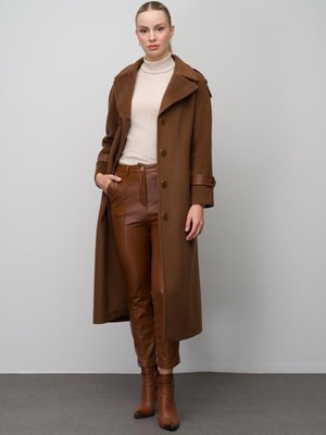 Reglan Kol Deri Pelerin Ve Apolet Detaylı Uzun Kaban Tütün