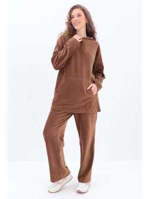 Açık Kahve Kapüşonlu Kanguru Cepli Pantolonlu Takım