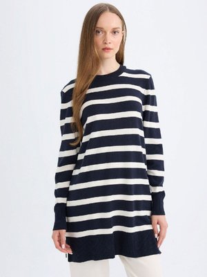 Regular Fit Bisiklet Yaka Çizgili Uzun Kollu Triko Kazak Tunik C6030ax24au