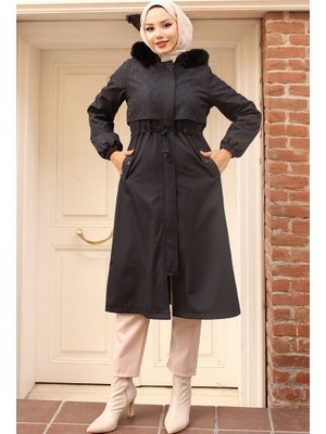 Siyah İçi Peluşlu Yakası Kürklü Bondit Mont