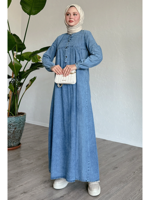 Robalı Patlı İndigo Kot Elbise