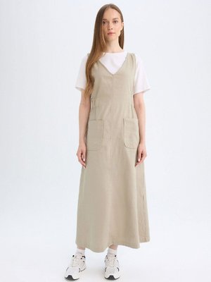 Regular Fit V Yaka Yan Büzgü Detaylı Basic Düz Gabardin Kolsuz Maxi Elbise C9684ax24au