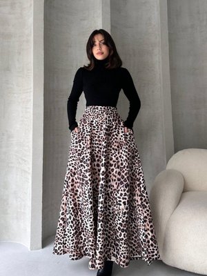 Bej Yüksek Bel Leopar Desenli Uzun Çan Etek Bej Yüksek Bel Leopar Desenli Uzun Çan Etek
