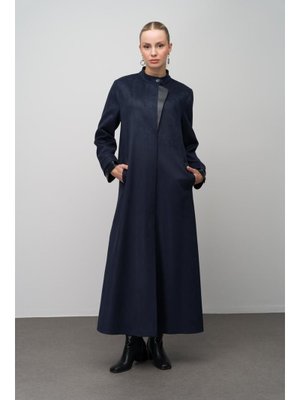 Lacivert Deri Garnili Büyük Beden Süet Görünümlü Pardesü