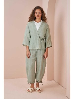 Yeşil Kruvaze Kimono Müslin Bluz