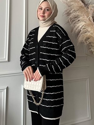 Baklava Desen Çizgili Siyah Triko Hırka Baklava Desen Çizgili Siyah Triko Hırka