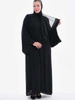 Siyah Dubai İpeği Nakışlı Çakma İncili Şallı Abaya Ferace Standart Boy Cm