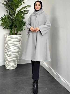 Oliwer Yakası Kürklü Astarlı Kaşe Kaban Gri Oliwer Yakası Kürklü Astarlı Kaşe Kaban Gri