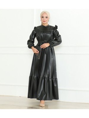 Deri Ple Piliseli Elbise