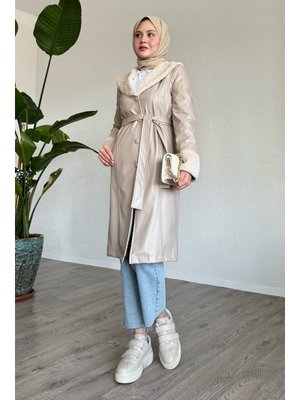 Kürk Detaylı Bej Deri Trençkot