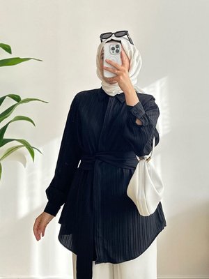 Kuşak Detay Uzun Kollu Gömlek