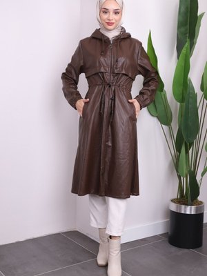 Kahverengi Kapüşonlu Deri Trençkot Kahverengi Kapüşonlu Deri Trençkot