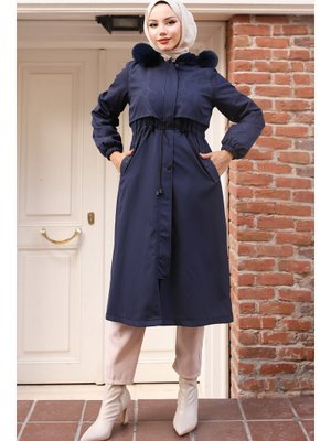 Lacivert İçi Peluşlu Yakası Kürklü Bondit Mont