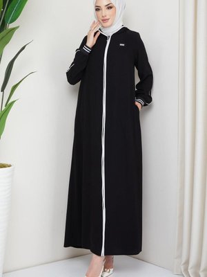 Şeritli Biye Detaylı Ferace Siyah