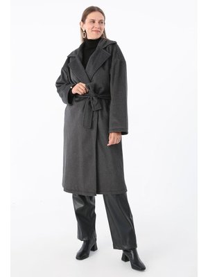 Siyah Kruvaze Yaka Kuşaklı Kaşe Kaban