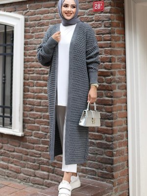 Oversize Petek Örgü Detaylı Kolu Lastikli Trend Uzun Triko Hırka