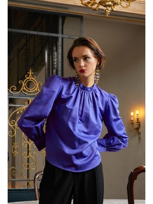 Mor Pamuklu Yakası Büzgülü Bluz