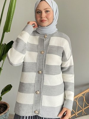 Kalın Şeritli Gri Triko Hırka Kalın Şeritli Gri Triko Hırka