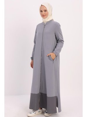Gri Fermuarlı Etek Ucu Garnili Ferace