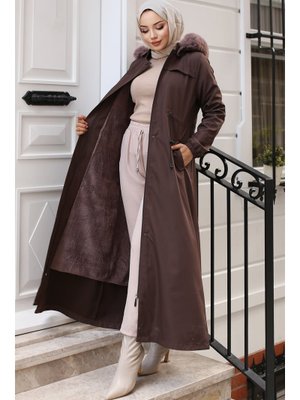 Kahverengi İçi Peluşlu Yakası Kürklü Uzun Bondit Mont