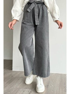 Kendinden Kemerli Siyah Kot Pantolon