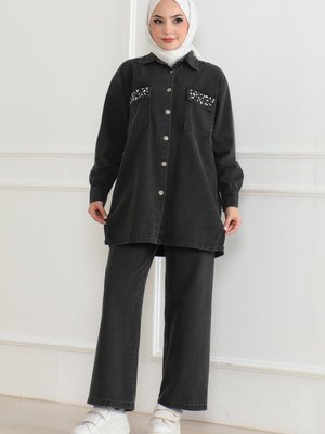 Füme Düğmeli Taş Detaylı Kot Takım Füme Düğmeli Taş Detaylı Kot Takım