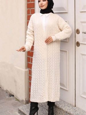 Düğmeli Uzun Triko Hırka Ekru