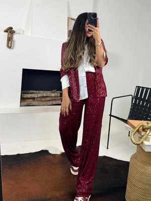 Bordo Payetli Bol Paça Pantolon