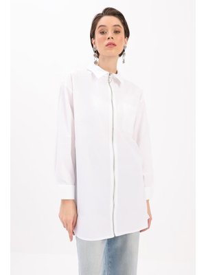 Beyaz Fermuarlı Manşeti Dubleli Gömlek Tunik