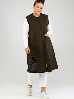 Kadin Buyuk Beden Battal Tesettur Uzun Kolsuz Fermuarli Yelek Haki